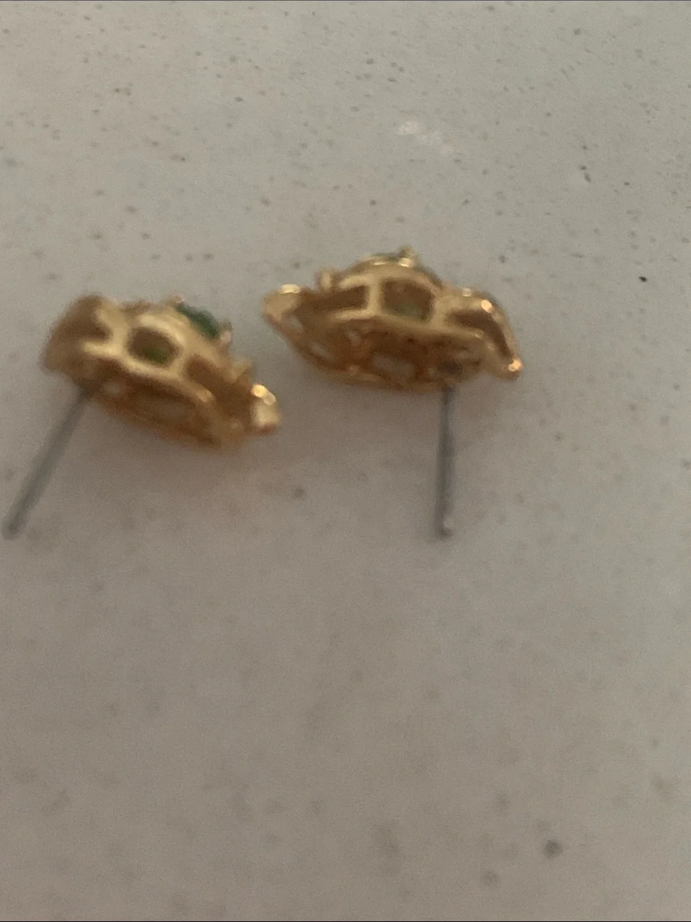 Gold-Tone Stud Earrings with Green Center and Clear Accents